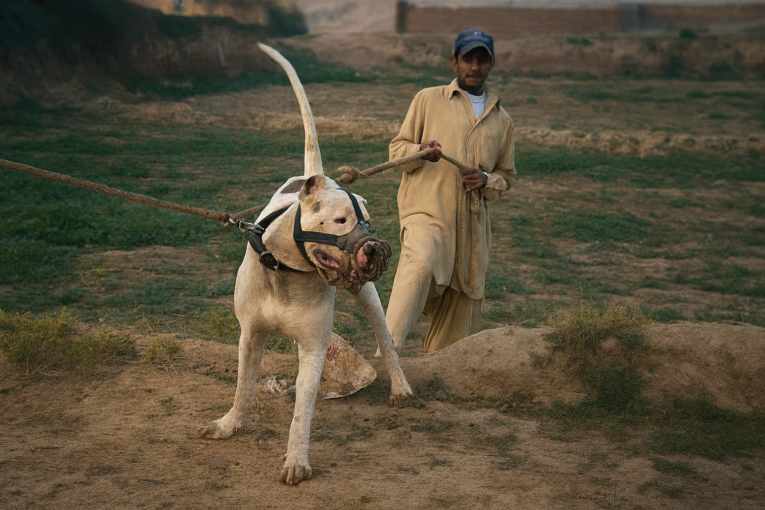 Pakistani Bully Kutta with handler in rural field wearing a muzzle and leash, showcasing breed strength and temperament.