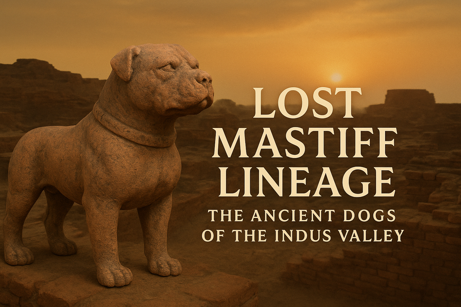 Ancient mastiff statue illustration representing early mastiff-type dogs of the Indus Valley Civilization at sunset