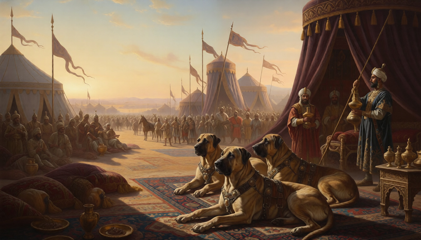 Illustration of ancient mastiff-type war dogs resting in a Persian military camp with tents, soldiers, and royalty, depicting historical dog culture and early mastiff breeds.