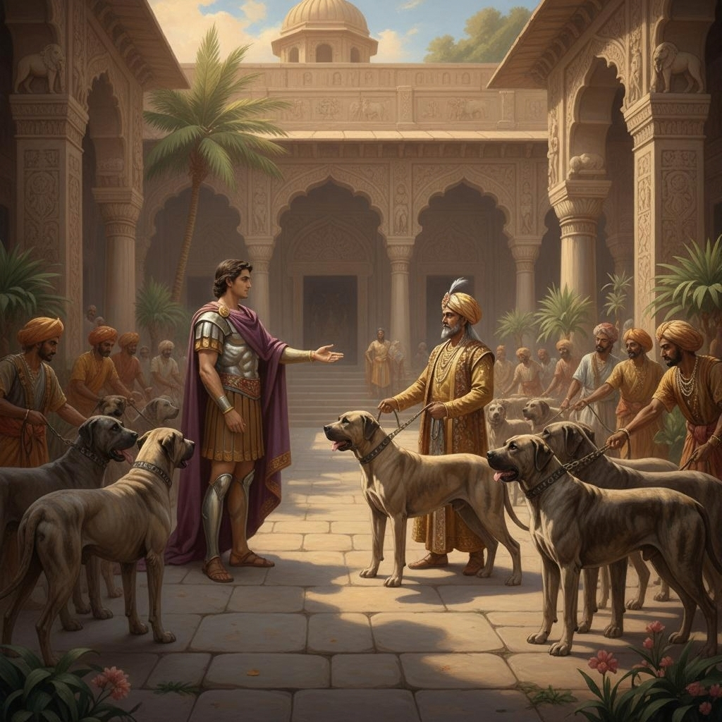 Ancient-style illustration of Alexander meeting King Sophytes with large mastiff dogs in a classical Indian palace courtyard.