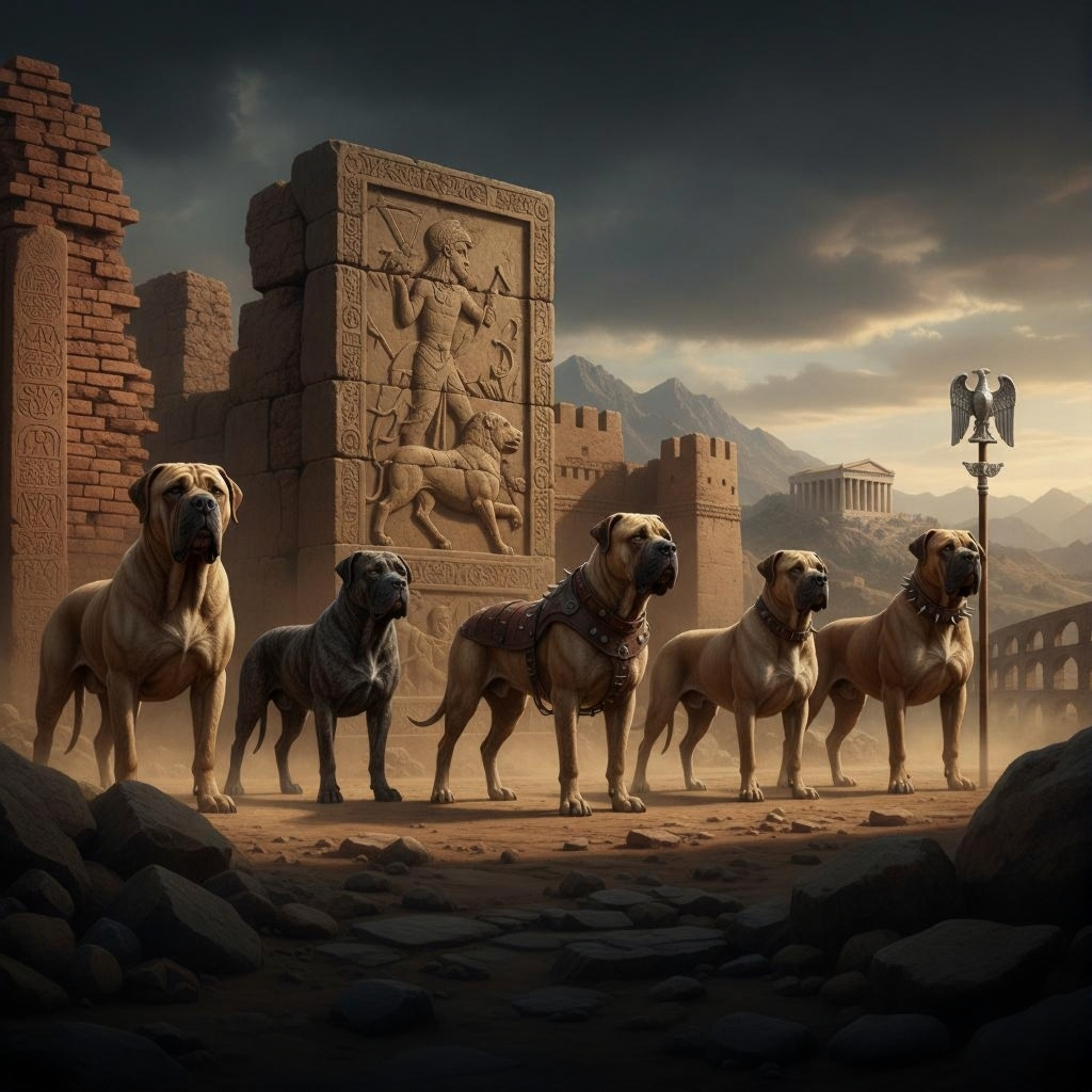 Illustration of ancient mastiff-type dogs standing among ruins of Indus Valley, Assyrian, Persian, Greek and Roman civilizations, showing the historical evolution of mastiff war and hunting dogs.