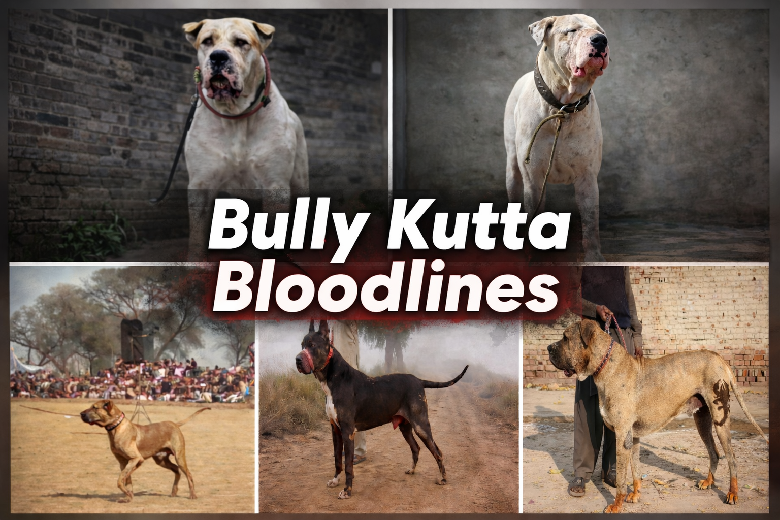 Bully Kutta bloodlines collage featuring Shair-e-Punjab, Ranghar Wala, Kharlon Wala and Jhedo Wala dogs